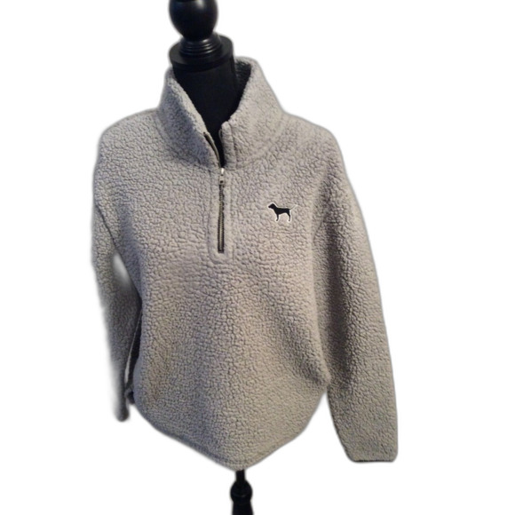 PINK Victoria's Secret Gray Sherpa 1/4 Zip Up Teddy Jacket Size Small S - Picture 1 of 5